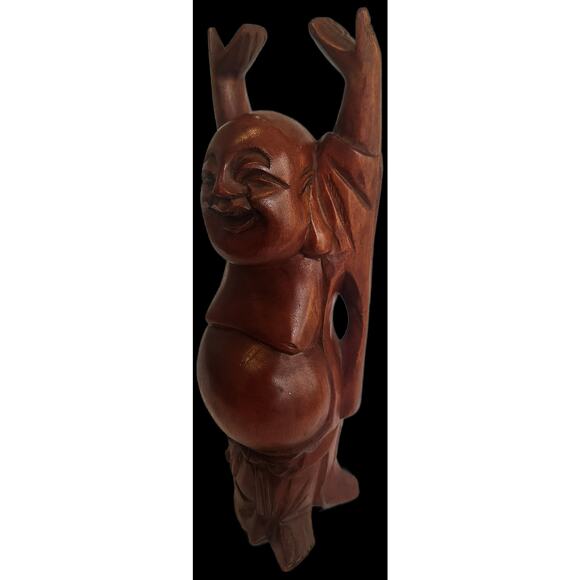 Vintage Hand Carved Wooden Laughing Buddha Hotei Statue Taiwan ROC Label - Picture 2 of 9